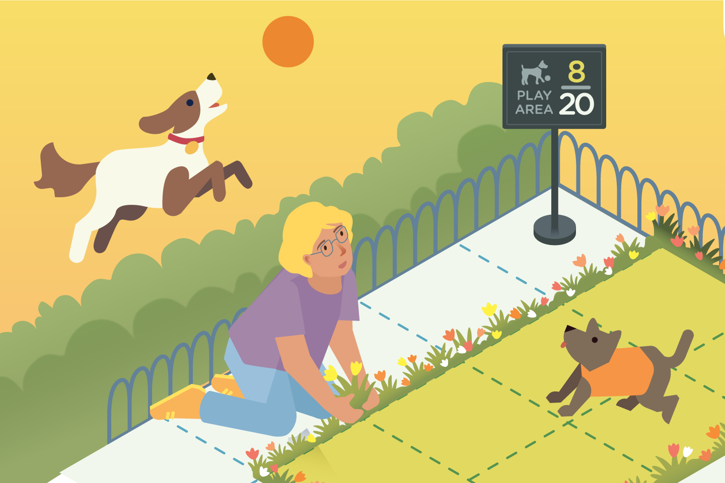 A person kneels near a patch of grass by a fenced area as a dog jumps and another runs, enjoying the space. A sign reads "PLAY AREA 8 of 20." The sun is in the sky, reflecting efforts to ampliar el plan de estudios outdoors.