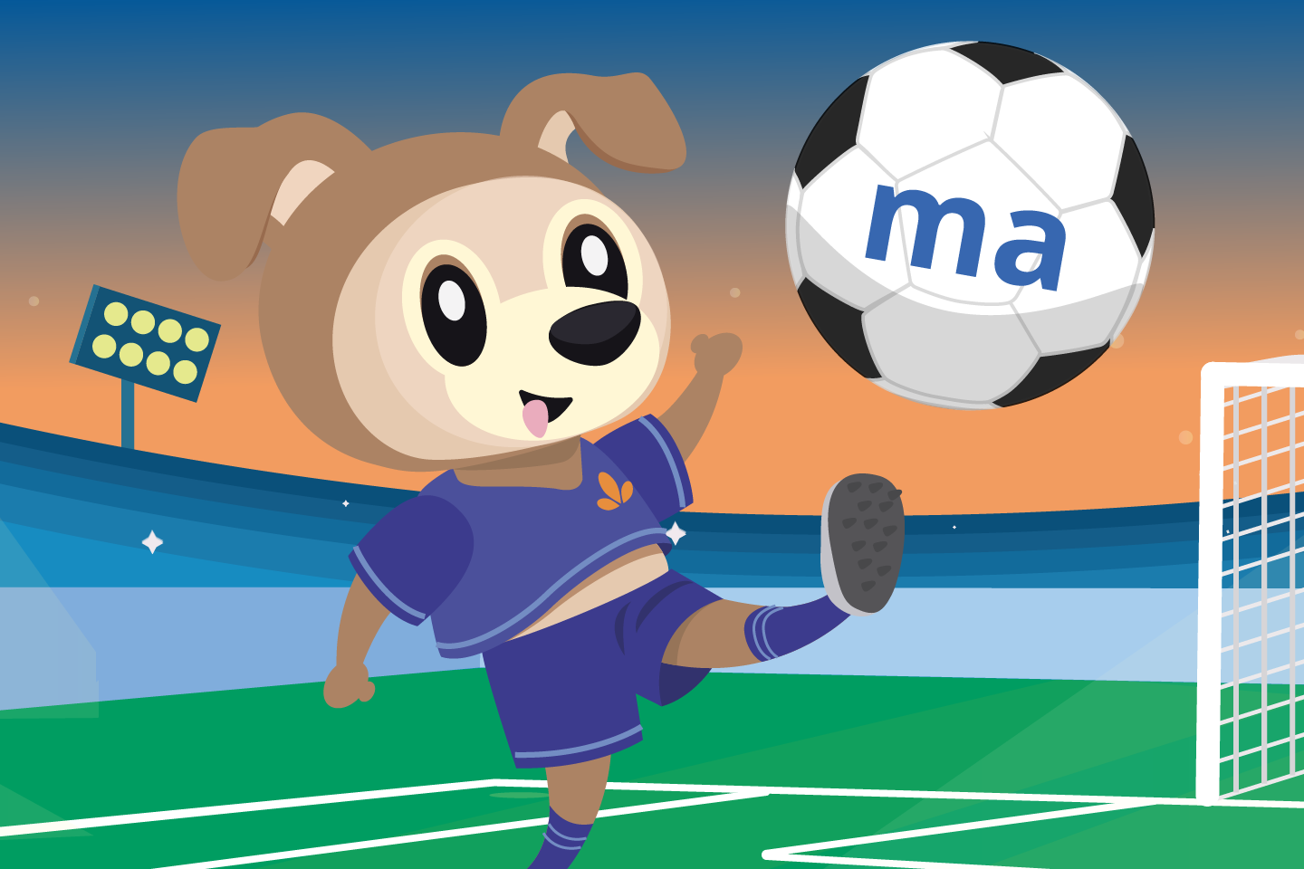 Cartoon dog in a purple soccer uniform kicks a soccer ball labeled "ma" toward a goal on a stadium field at sunset, inspiring fans to ampliar el plan de estudios and reach for new goals.