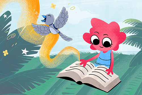A cartoon character with pink hair reads an open book outdoors, inspired to ampliar el plan de estudios, while a blue bird sings nearby. Large green leaves and musical notes are in the background.