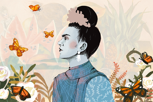 Illustration of a woman with dark hair in a bun, surrounded by butterflies, flowers, and leaves, symbolizing how we can ampliar el plan de estudios in harmony with nature. The pastel background features plants and abstract shapes.