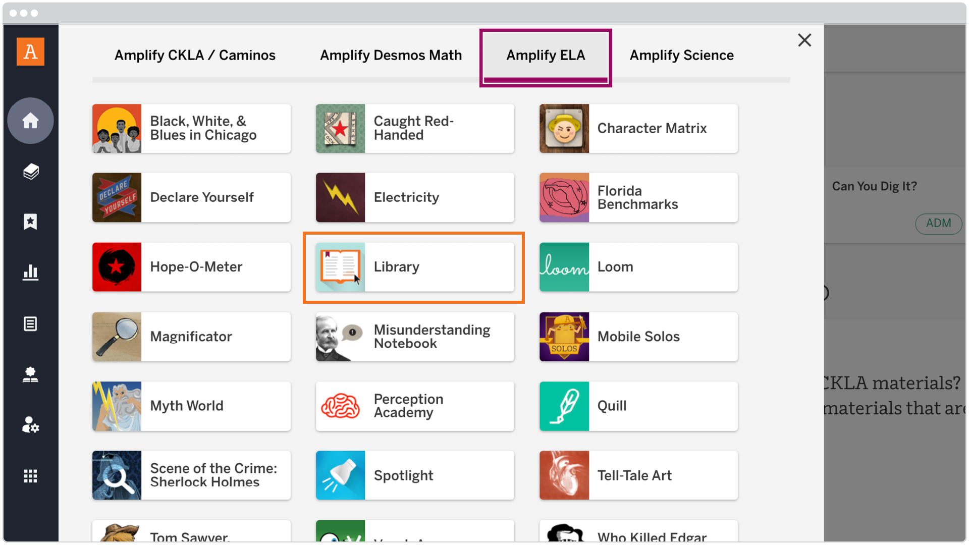 A digital menu displays various educational tools and resources, with "Amplify ELA" highlighted at the top and the "Library" option outlined in orange.