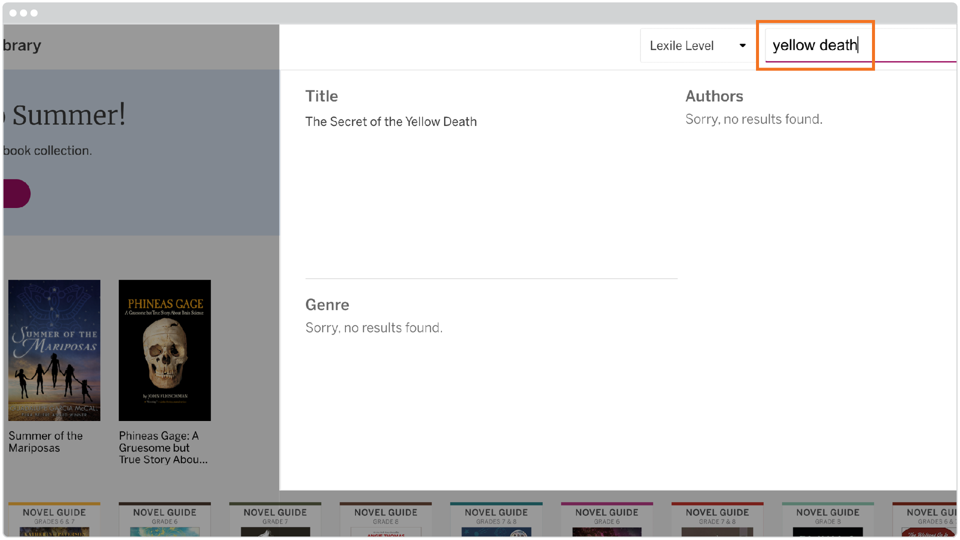 A digital library search page displays "yellow death" in the search bar with no results found for title, authors, or genre. Book covers are visible in the left sidebar.