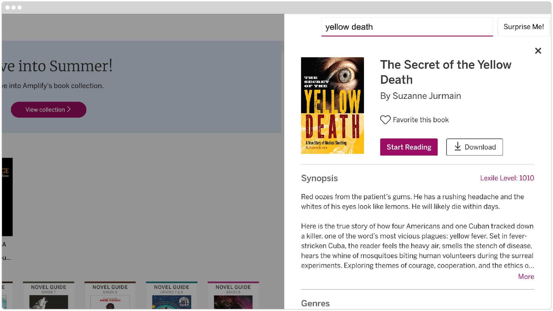 A digital library interface displays the book "The Secret of the Yellow Death" by Suzanne Jurmain, showing its cover, synopsis, and options to read or download.