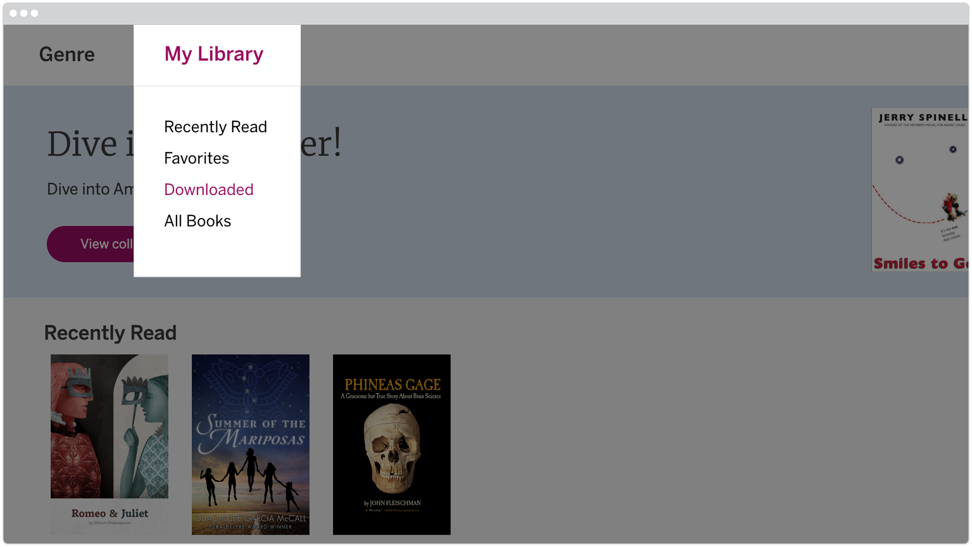 A dropdown menu under "My Library" shows options: Recently Read, Favorites, Downloaded (highlighted), and All Books. Below, a Recently Read section displays three book covers.