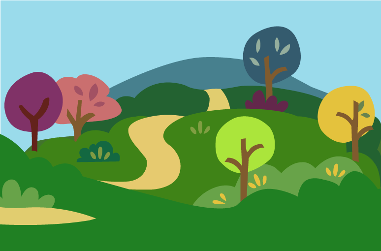 Illustration of a winding path through green hills with colorful trees and shrubbery under a clear blue sky, capturing the excitement of back to school and the promise of new journeys with the Amplify program.