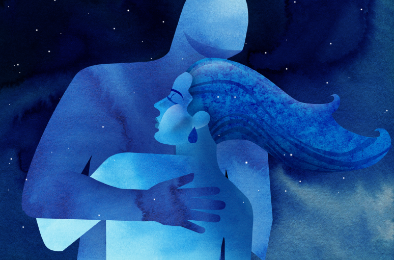 An abstract, blue-toned watercolor illustration of two figures embracing under a starry night sky, capturing the spirit of reunion and new beginnings—perfect for celebrating the back to school season.