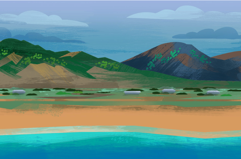 Illustration of a coastal landscape with a sandy beach, blue water, low green vegetation, and hills or mountains in the background under a partly cloudy sky, perfect for inspiring creativity as part of an Amplify program or back to school project.