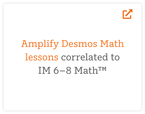 Text image displaying "Amplify Desmos Math lessons correlated to IM 6–8 Math™" with an orange external link icon.