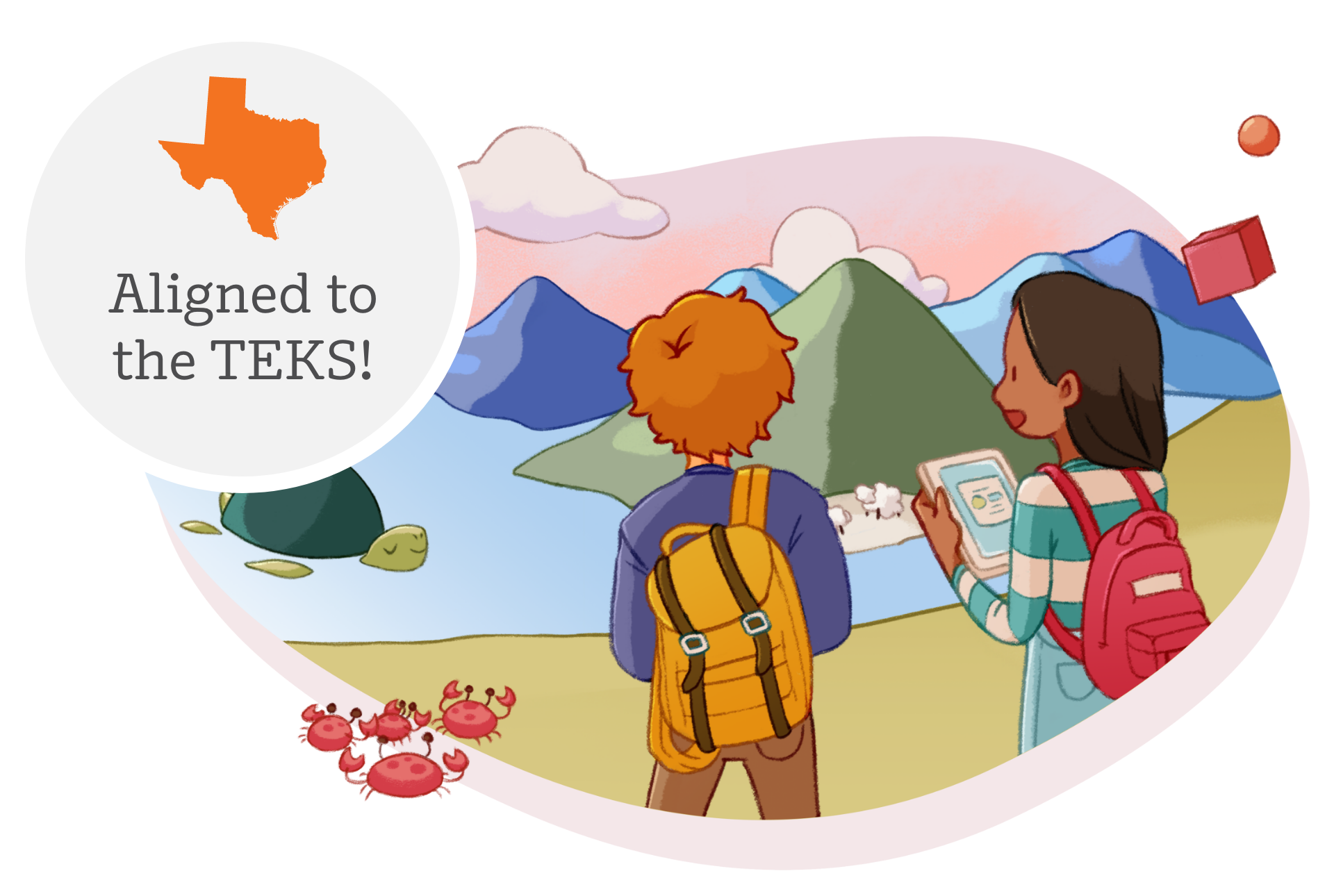 Illustration of two students hiking and looking at a map, with a texas-shaped logo and text stating "aligned to the TEKS!" in a Desmos Math speech bubble.