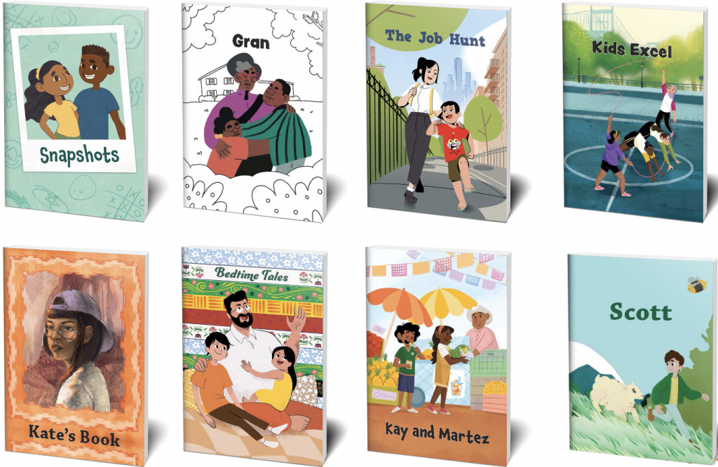 Eight illustrated book covers depicting diverse themes and characters, including family moments, job hunting, sports, and personal adventures.