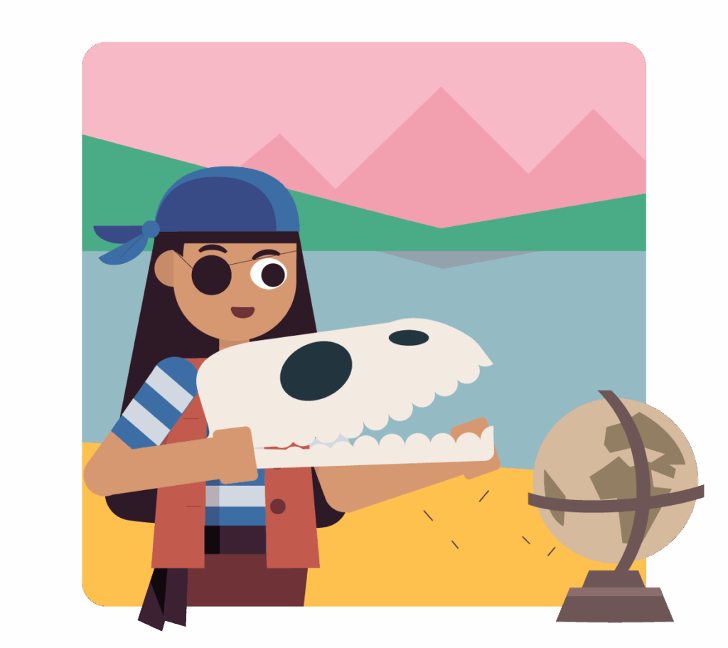 A person dressed as a pirate examines a large skull near a globe, reminiscent of resources for teachers planning an engaging activity. The background shows mountains and a body of water.