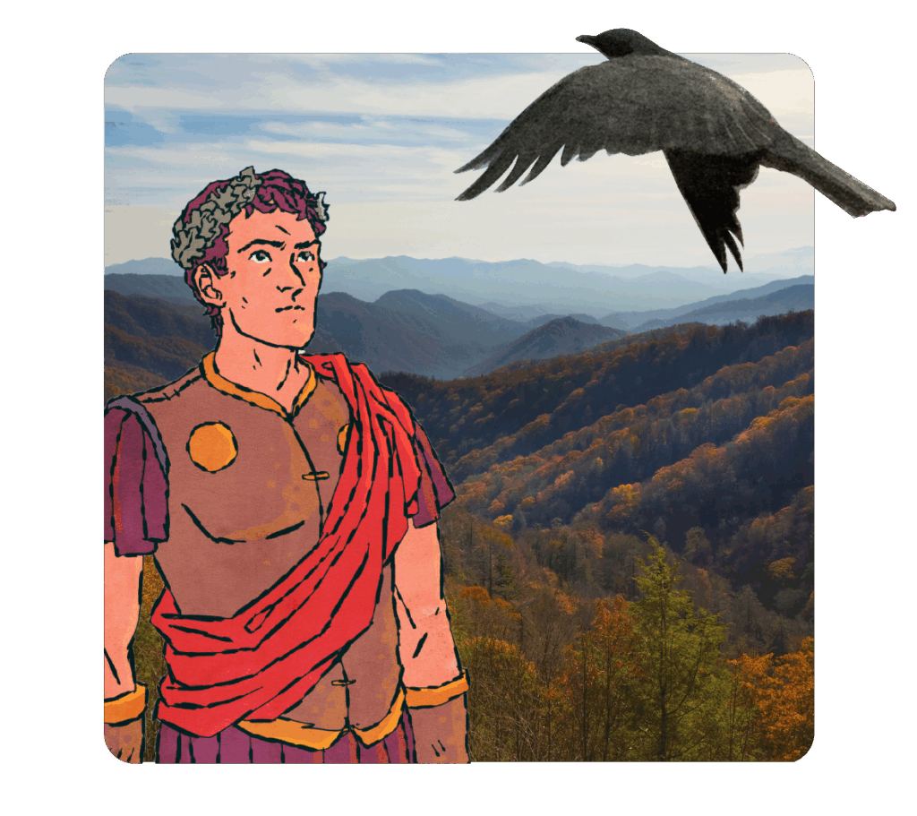 Illustration of a person in ancient Roman attire with a large bird flying over a mountainous landscape, perfect for enhancing any literacy curriculum or activity plan. This image serves as an engaging resource for teachers to illustrate historical contexts vividly.