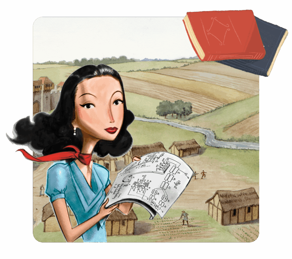 Illustration of a woman holding architectural blueprints, standing in front of a medieval village landscape with scattered huts, fields, and a river. Two closed books titled "Resources for Teachers" float in the top right corner.