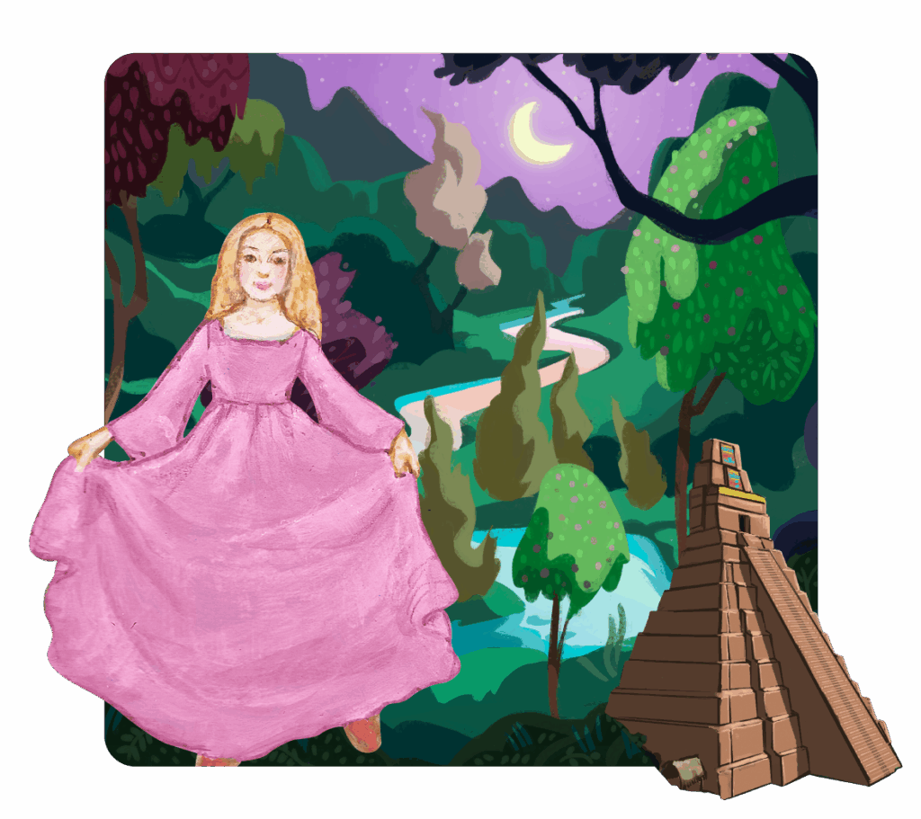 A woman in a pink dress stands near an ancient pyramid with a night forest and river in the background, symbolizing the timeless resources for teachers that bridge history and nature.
