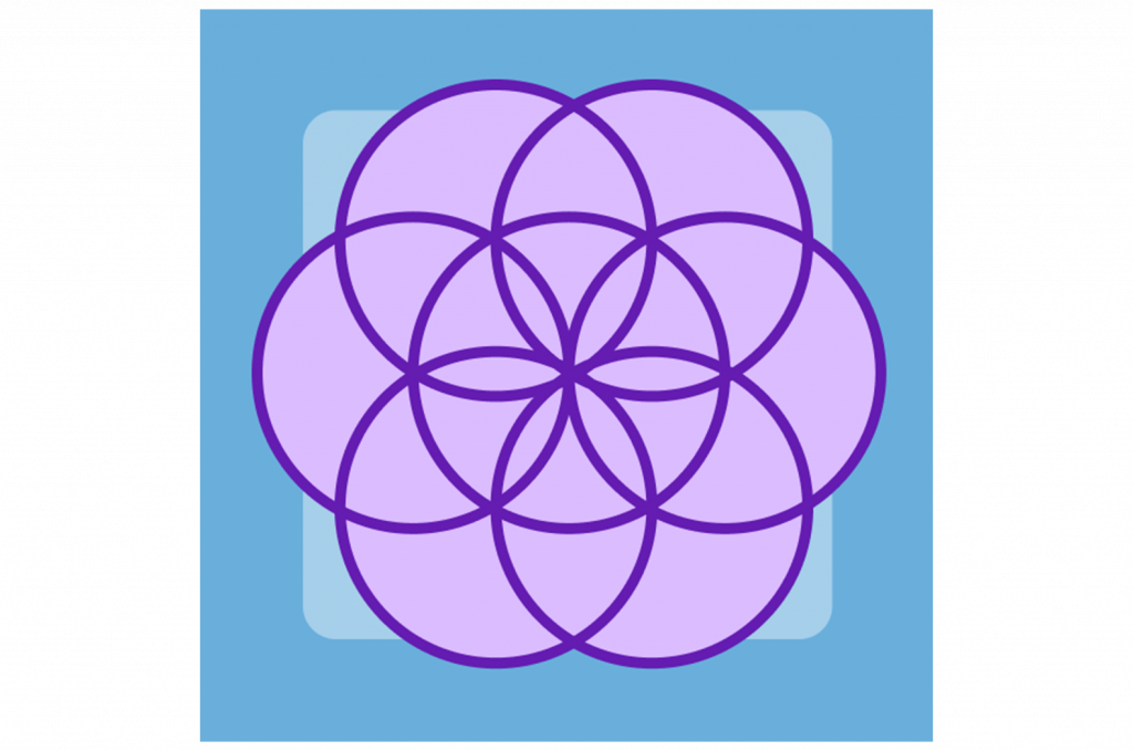 A geometric pattern of seven overlapping purple circles forms a flower-like shape on a light blue background with a rounded square behind it.
