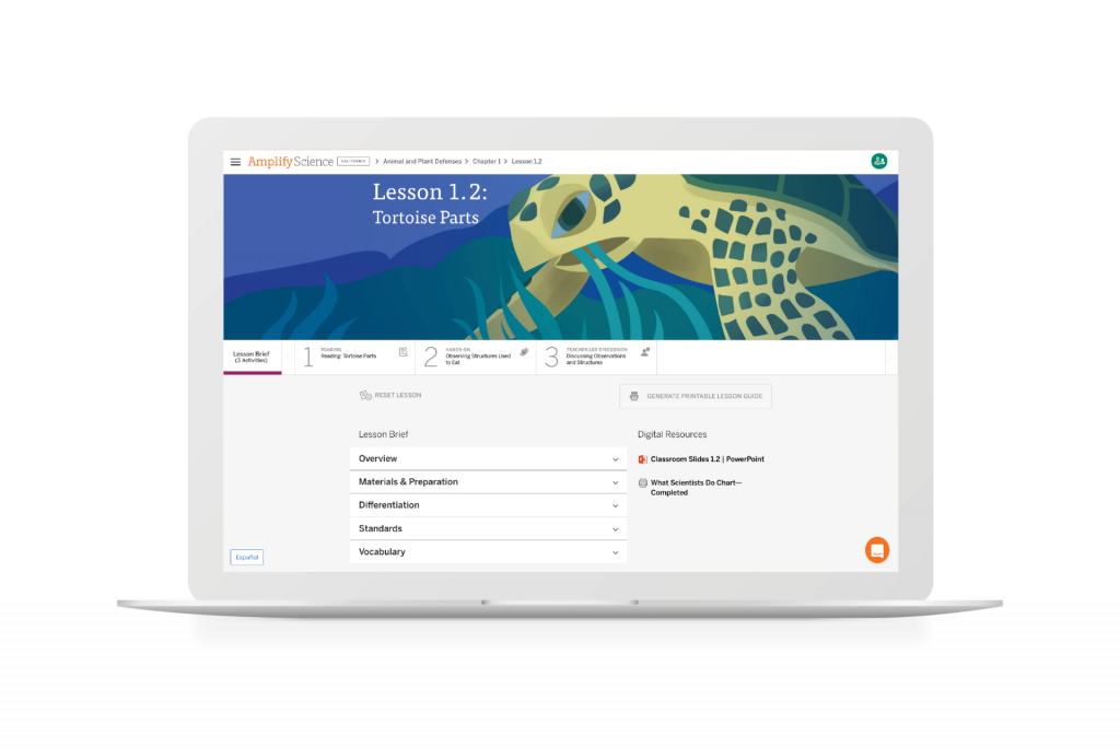 Laptop screen displaying an educational website with a lesson on "tortoise parts" featuring a colorful turtle graphic on the header.