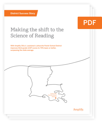 Cover page of a PDF titled “Making the shift to the Science of Reading,” featuring a map of Louisiana and a highlighted section about Lafourche Parish School District’s success.