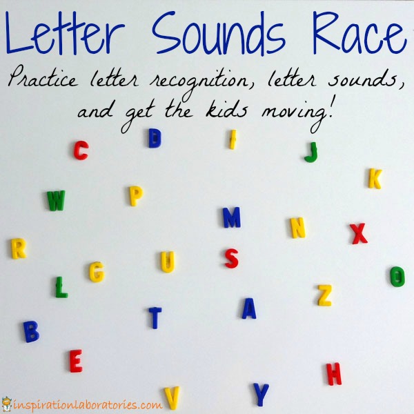 A whiteboard displays colorful magnetic letters scattered beneath the text: "Letter Sounds Race. Practice letter recognition, letter sounds, and get the kids moving!.
