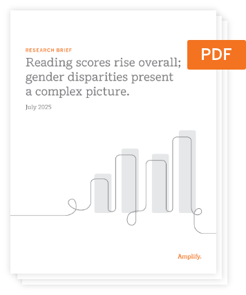 Cover of a research brief titled "Reading scores rise overall; gender disparities present a complex picture," dated July 2025, featuring a bar chart graphic and highlighting mCLASS as the gold standard assessment, with a PDF label.