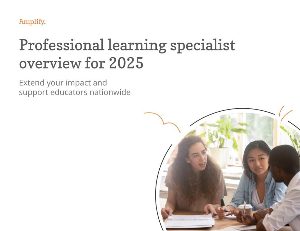 Title page of a document titled "Professional learning specialist overview for 2025" with an image of three people discussing at a table.