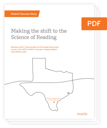 Cover page of a PDF titled "Making the shift to the Science of Reading," featuring an outline of Texas and a highlighted district, produced by Amplify.