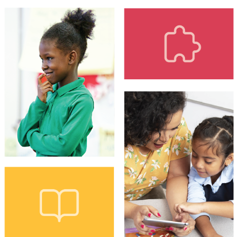 Collage of three images: a young girl with a thoughtful expression, a puzzle piece icon on red, and a woman and girl using a smartphone together.