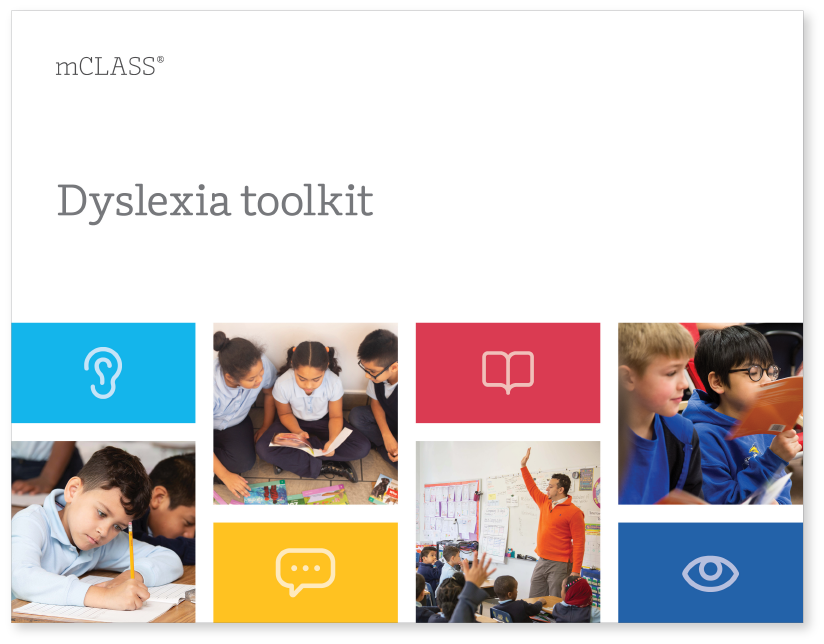 Cover of a "dyslexia toolkit" brochure with images of children engaged in various classroom activities including reading, writing, and working in groups, and a teacher leading a class.