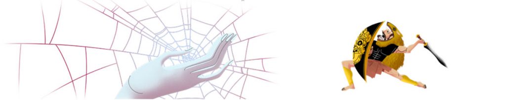 Illustration of a stylized white hand casting a spider web, followed by an animated warrior character wielding a spear.