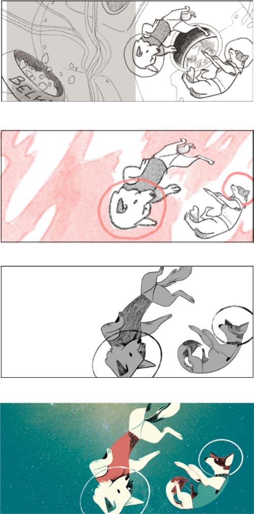 Four illustrated panels show animals in space helmets floating progressively farther from a broken spaceship, ending with them drifting in open space against a starry background.