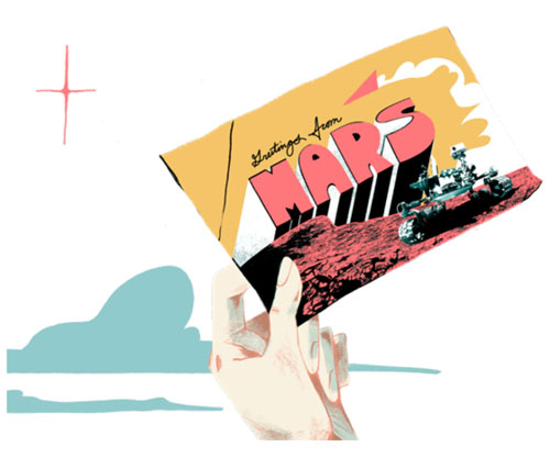 A hand holds a postcard reading "Greetings from Mars" with an image of a Mars rover on a rocky surface; simple sky elements are in the background.
