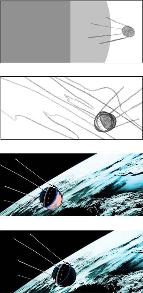 A sequence of four images shows a satellite with antennas orbiting Earth, progressing from a rough sketch to a detailed, colored rendering.