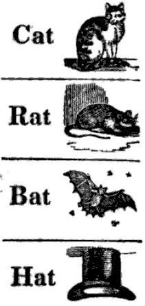 Four illustrated words: cat with a cat, rat with a rat, bat with a bat, and hat with a top hat, each matching the corresponding image with the word.