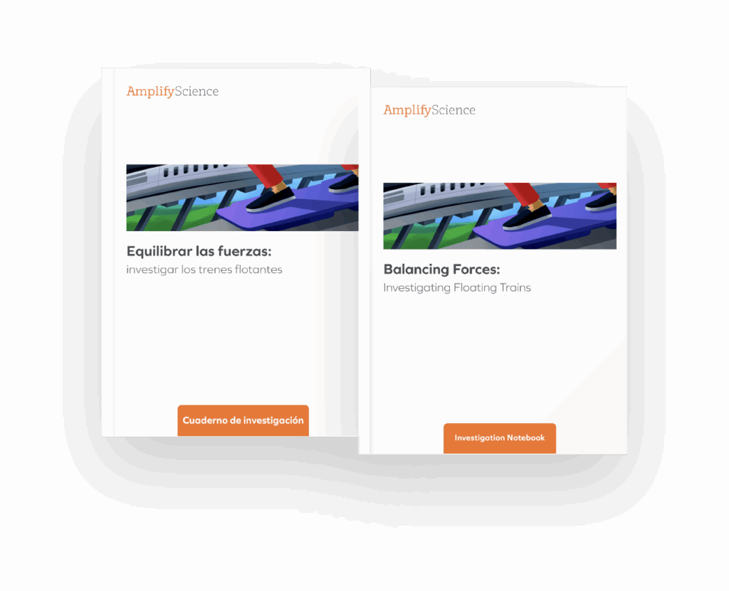 Two science notebooks, one in Spanish and one in English, titled "Balancing Forces: Investigating Floating Trains," with a cover image of feet standing on a hovering platform.