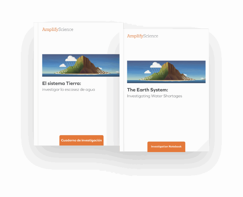Two Amplify Science investigation notebooks, one in Spanish and one in English, both featuring an illustrated landscape of a mountain, water, and sky on the covers.