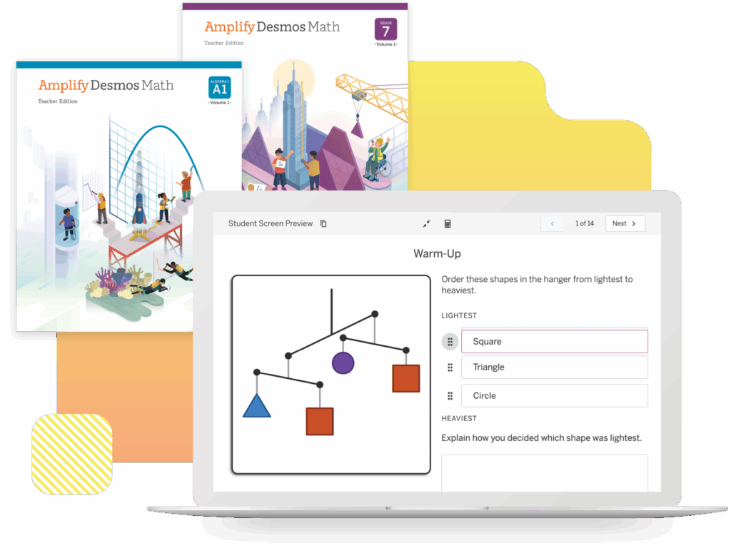 Laptop showing a math activity with geometric shapes. Two textbooks titled "Amplify Desmos Math" are displayed above.