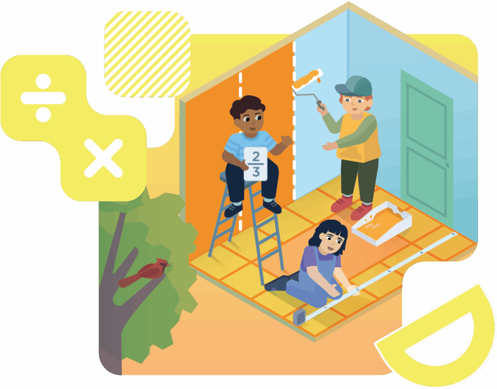 Three people engage in a painting project indoors, with one holding a fraction card and others painting the walls and floor. A tree and math symbols are in the background.