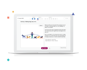 A laptop screen displays an educational activity about dog walking, featuring an illustration of a person walking six dogs and text instructions beside the image.