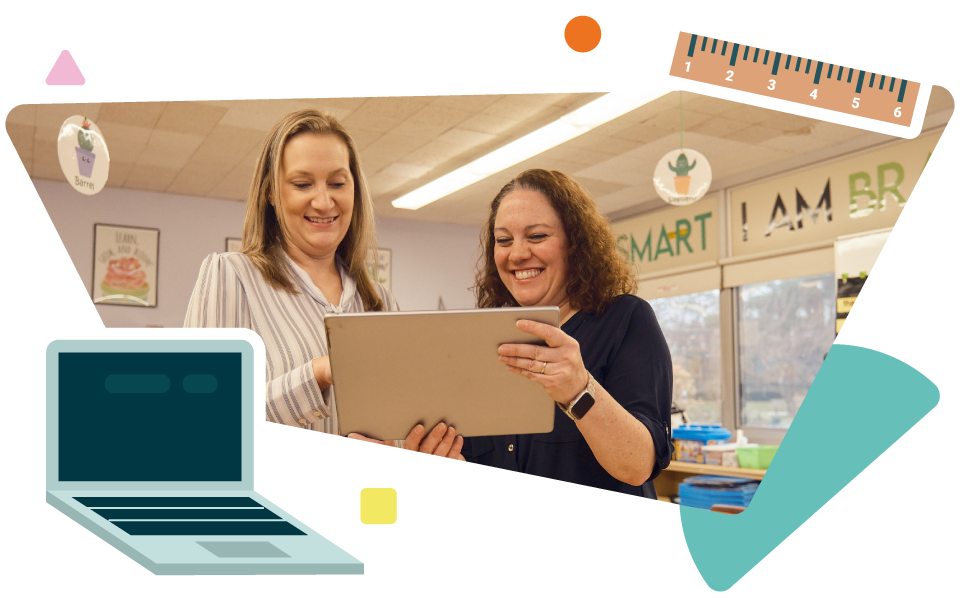 Two women in an office setting are smiling while looking at a tablet. Various educational icons surround the image.