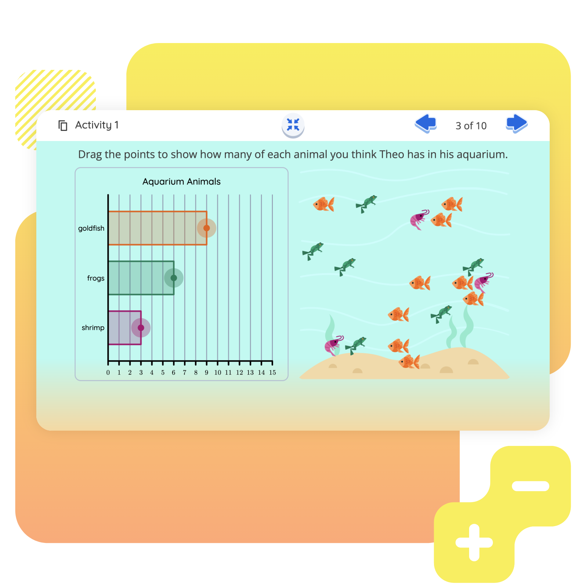 Activity screen displaying a task to estimate the number of animals in an aquarium, featuring a bar chart for goldfish, frogs, and shrimp. Utilizing Desmos math tools, an illustration of an aquarium with various animals is also included to amplify learning.