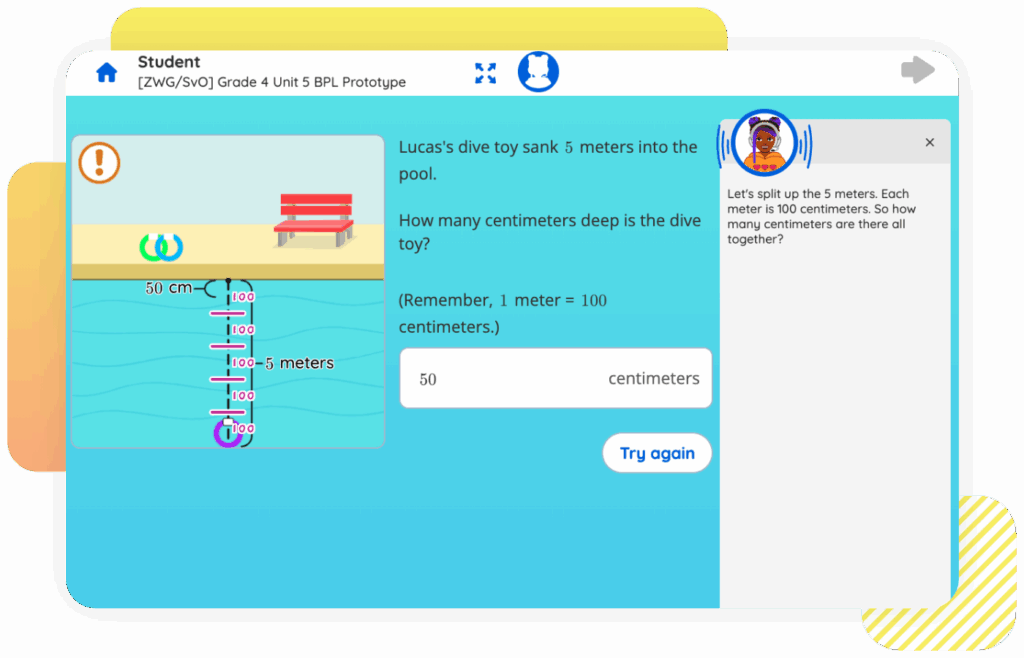 A math lesson screen shows a toy sinking 5 meters into a pool. A textbox asks how many centimeters that is, with space for an answer and a "Try again" button. An avatar explains the question, using Desmos math tools to amplify understanding.