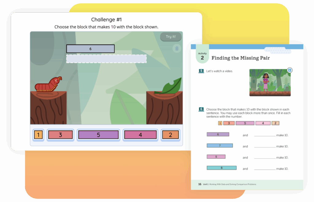 Two side-by-side math activities for children: on the left, a caterpillar-themed block challenge, and on the right, a worksheet for finding pairs that sum to 10. These exercises are fantastic ways to amplify children's engagement with math concepts.