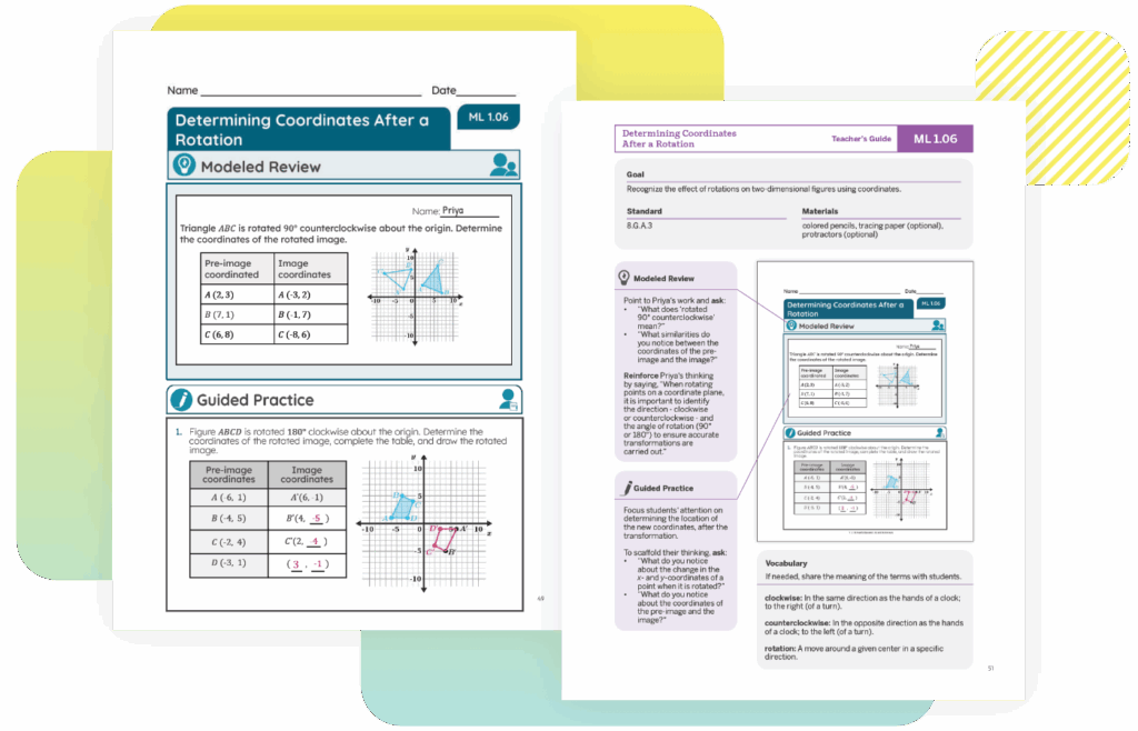 Two pages from a New York math textbook on determining coordinates after a rotation. Includes sections on modeled review, guided practice, and teacher's notes, with diagrams and examples that amplify the learning experience.