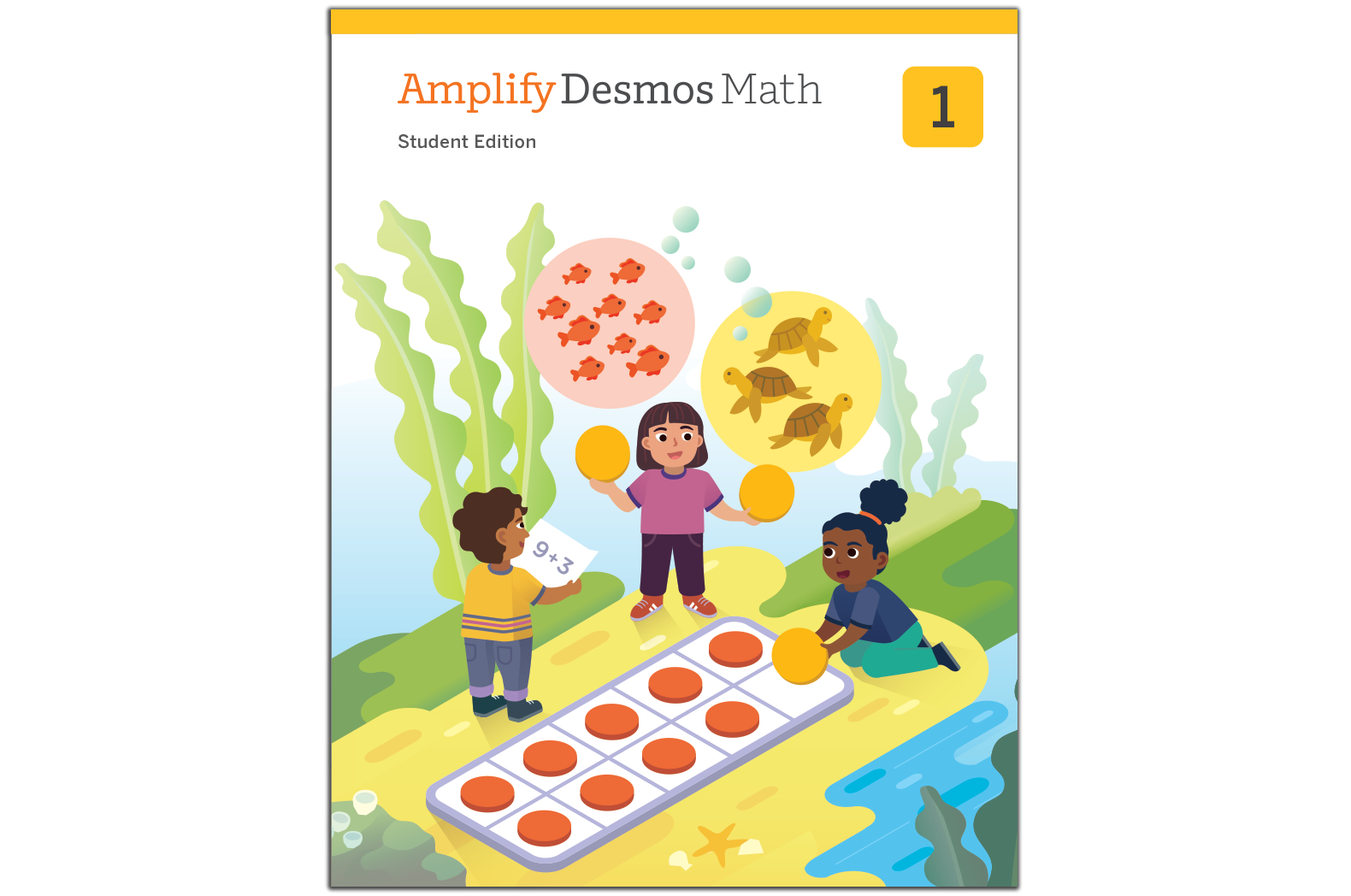 Illustration of three children engaged in math activities from the "Amplify Desmos Math: Student Edition 1" textbook. One child holds a number card, while the others manipulate counters and images, experiencing an exciting approach inspired by New York math techniques.