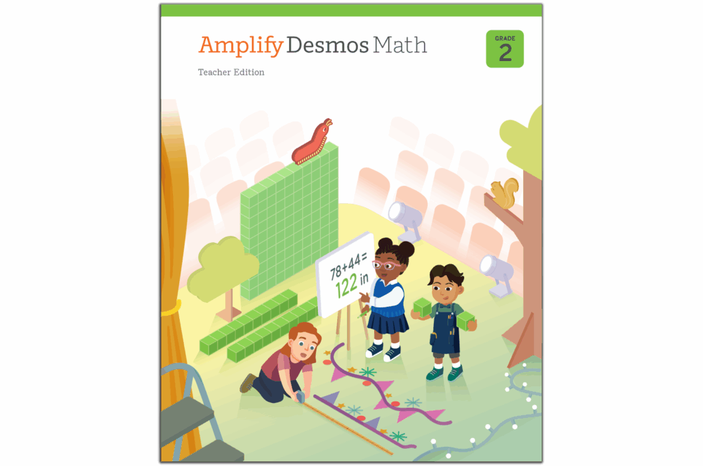 Cover of the "Amplify Desmos Math" Grade 2 Teacher Edition, showcasing children measuring with rulers and a poster displaying a mathematical equation, set against whimsical scenery with a colorful dragon. Perfect for New York math classrooms.