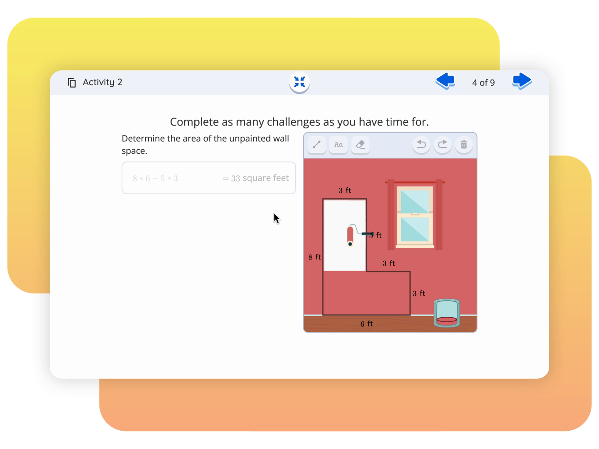 Educational software displays a challenge to determine the area of an unpainted wall. The wall features a door and window with given dimensions, and a mouse pointer hovers near the question, amplifying the student's engagement.