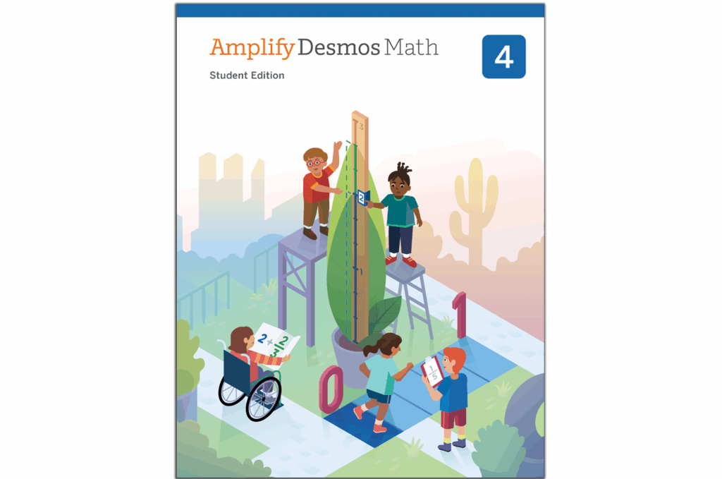 Cover of "Amplify Desmos Math, Student Edition, Grade 4," showcasing students collaborating on math problems involving shapes and numbers against a vibrant backdrop that blends cityscapes and natural scenery, capturing the essence of New York math learning.