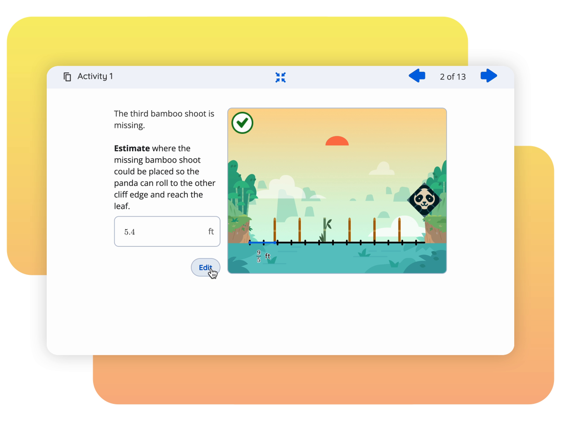 A digital activity prompt showing a scenic landscape with bamboo shoots and a panda. Using Desmos math tools, the task is to estimate the length where the third bamboo shoot should be placed for the panda to reach a leaf. This exercise is designed to amplify your understanding of spatial reasoning.
