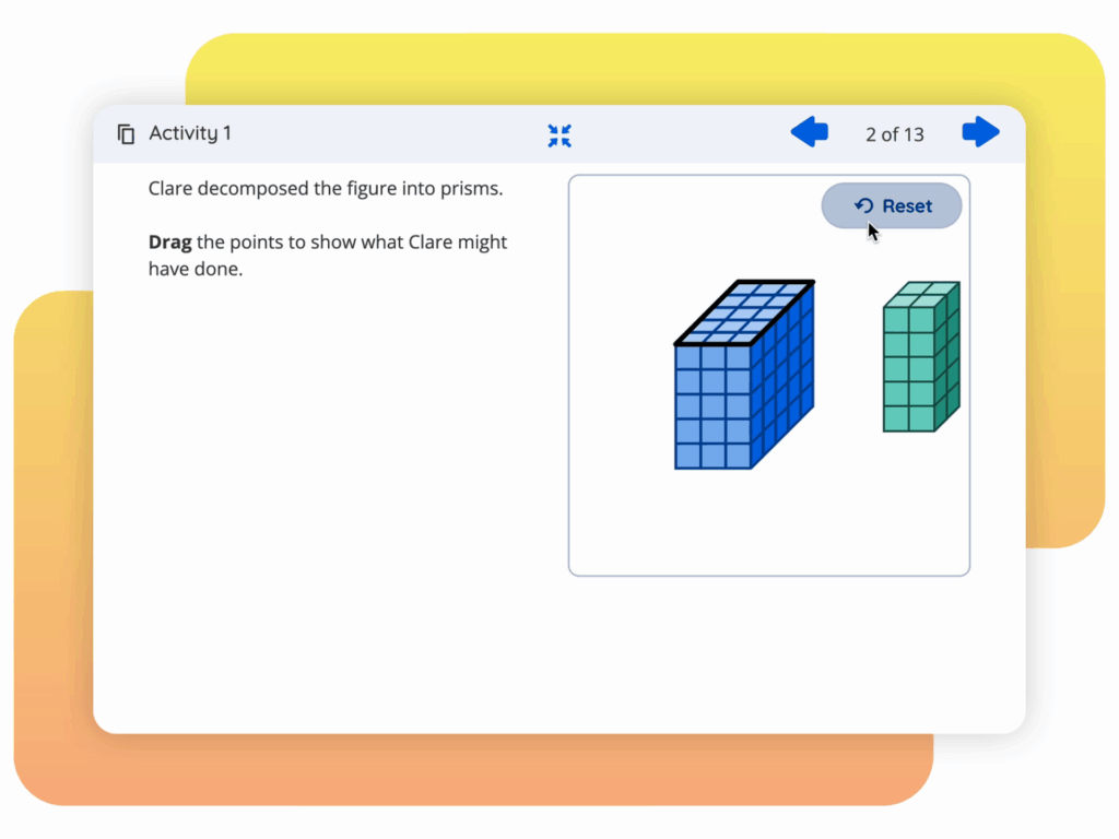 An interactive screen showing an activity about decomposing a figure into prisms, with a touch of Desmos Math integration. The user is asked to drag points to demonstrate the decomposition. Two prism illustrations are displayed, offering a glimpse of New York Math's approach.