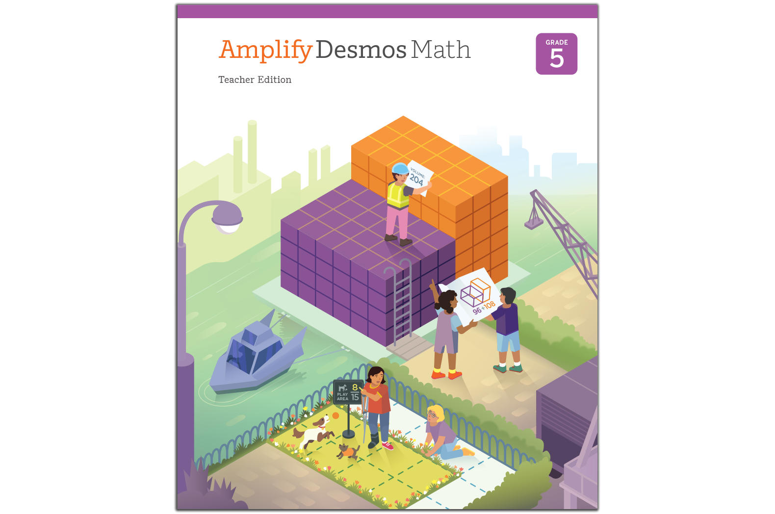 Illustration of three students engaging with various math activities outdoors and around large blocks. Text at the top reads "Amplify Desmos Math, Grade 5, Teacher Edition" - a perfect resource for New York math educators.