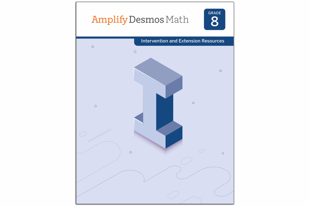 Cover of "Amplify Desmos Math Grade 8: Intervention and Extension Resources" featuring a stylized "I" on a gray background, tailored for New York math standards.